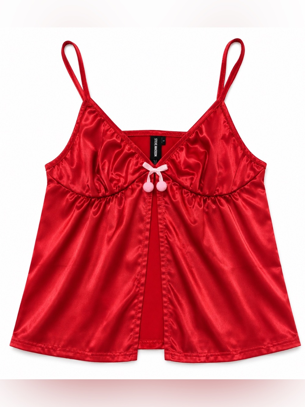 Y2K Steve Madden Women’s Red Satin Babydoll Cami Top Size Small Pink Bow